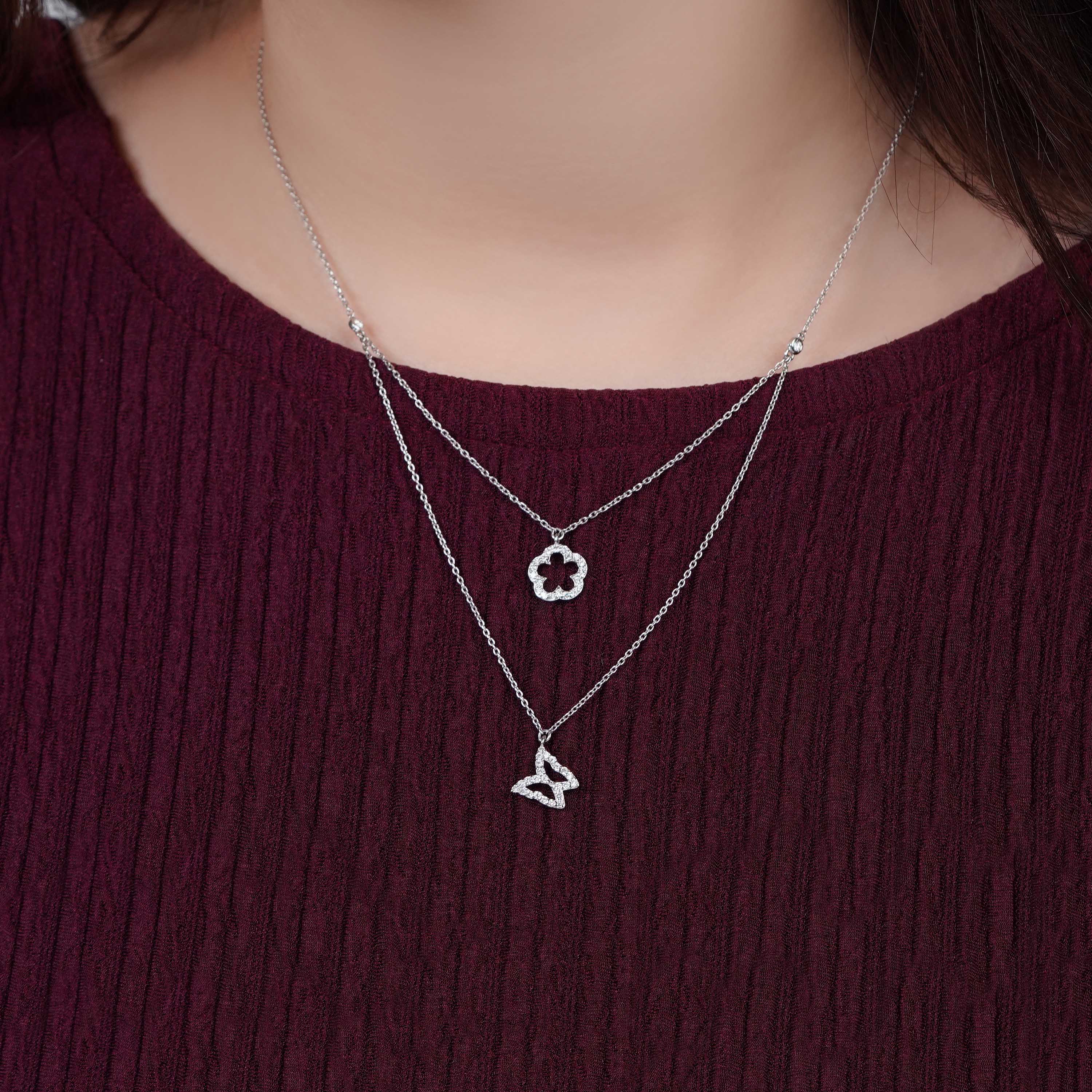 18K White Gold Double Layered Diamond Necklace Jawhara Jewellery